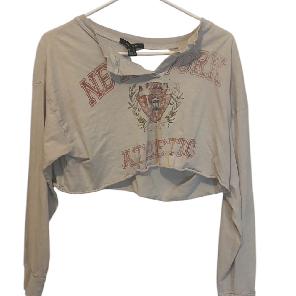 FOREVER21 New York Athletic Beige Long Sleeve Crop Top